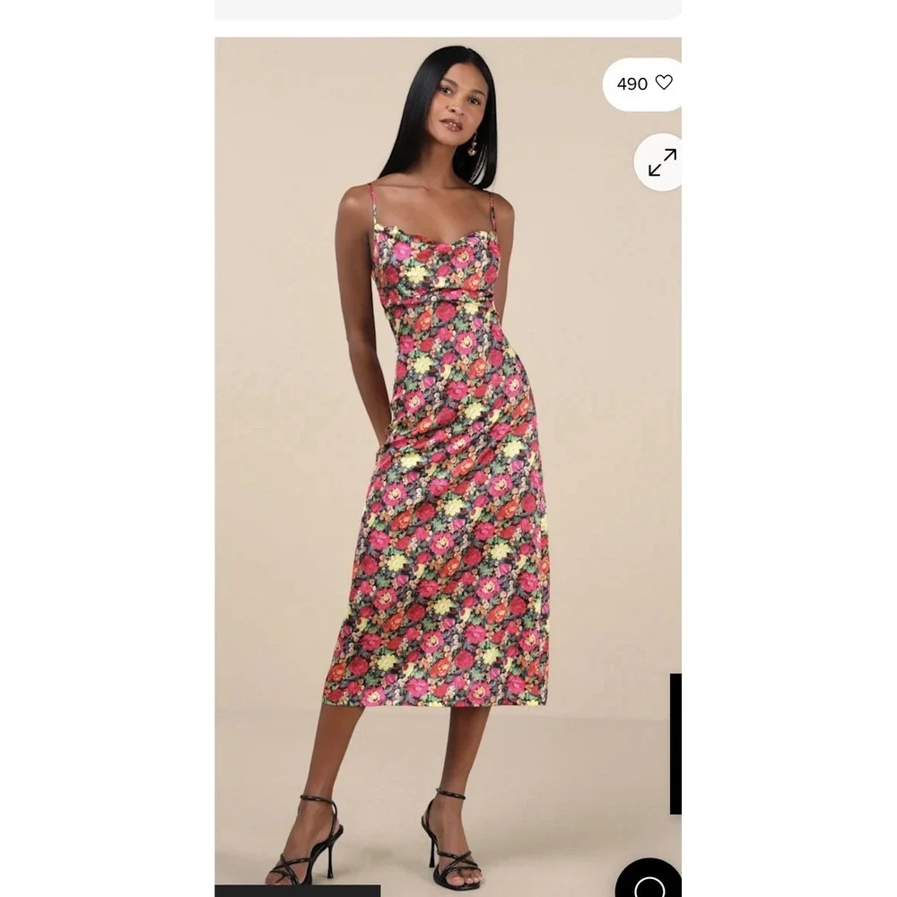 Lulus Favorite Icon‎ Multi Floral Satin Cowl Neck Slip Midi Dress Fall Women's M